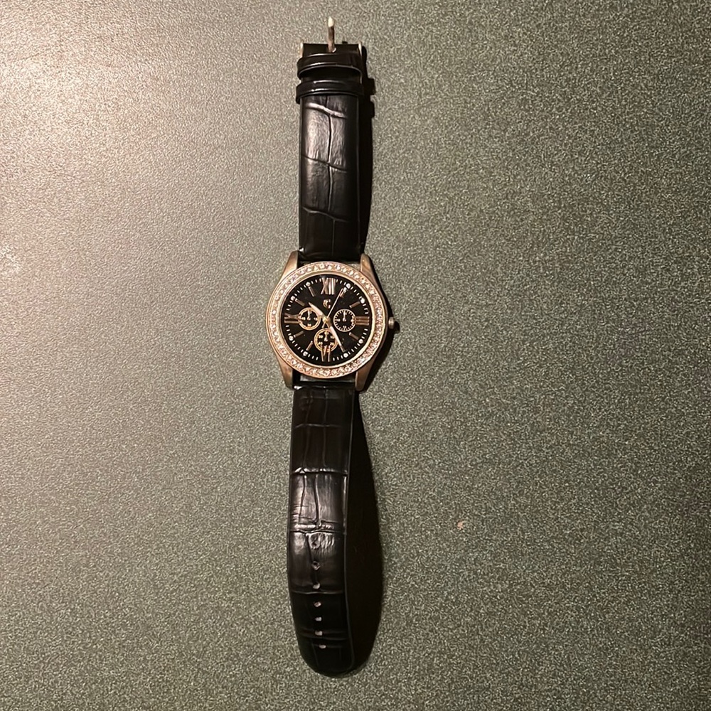 Black faux leather and diamond watch